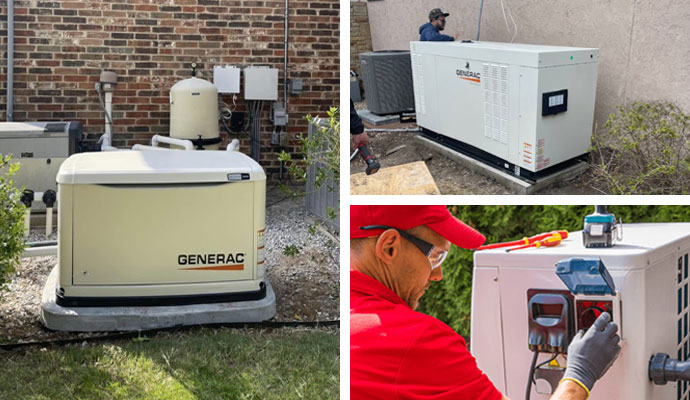 Collage of installed, installing and repairing generator