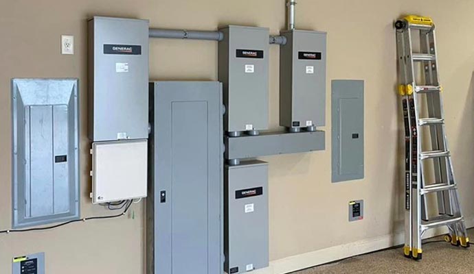 A set of electrical panels and breaker boxes mounted on wall