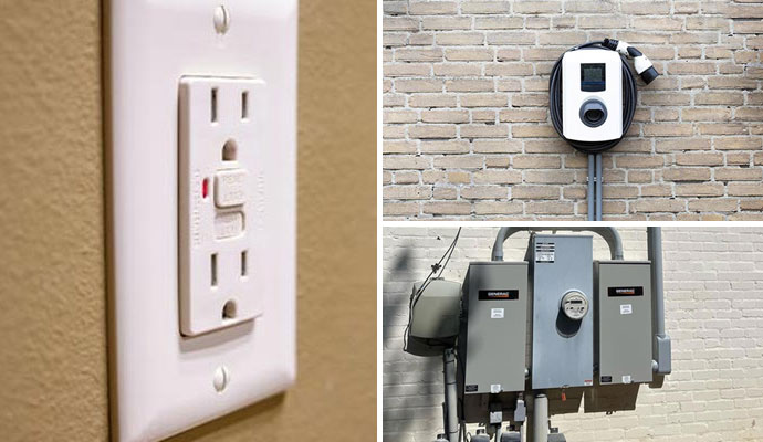 Collage of a GFCI switch, EV chargers and installed electrical panels