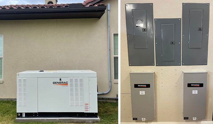 Collage of installed backup generators and home surge protectors for efficiency