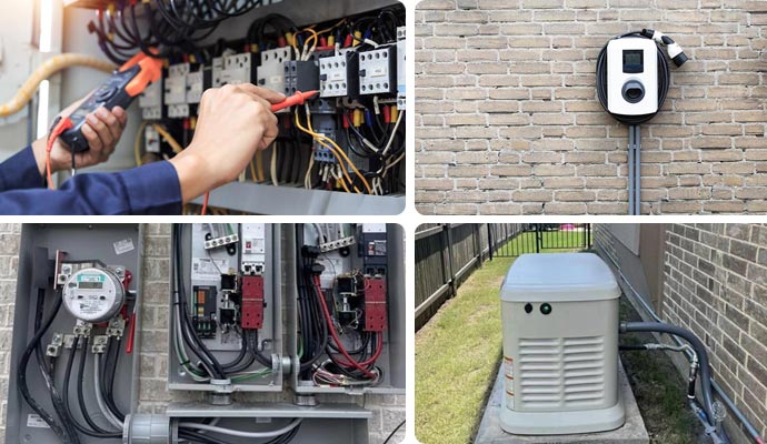 Collage of rewiring ev charger home surge protector and battery backup generator