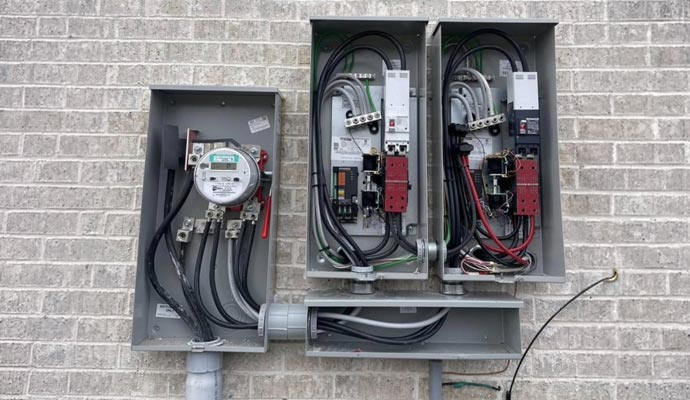 Exposed internal wiring during a professional electrical panel replacement