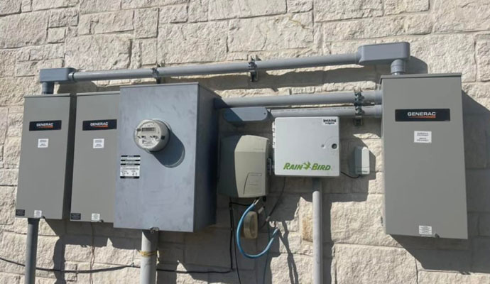 Outdoor electrical panels and meter mounted on a wall