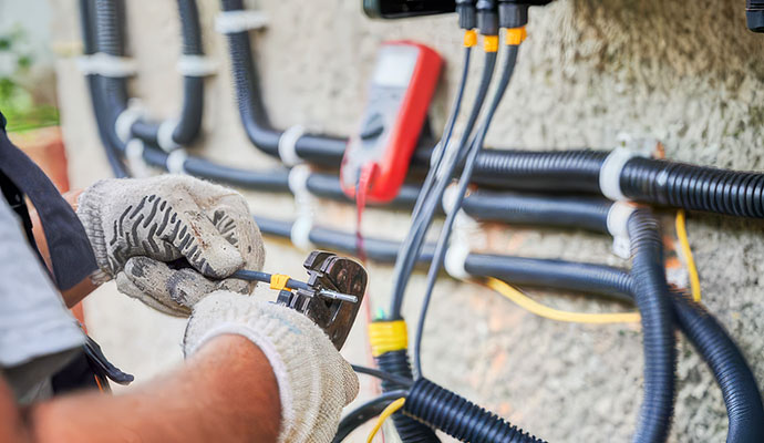 Electrician crimping wire solar panel installation