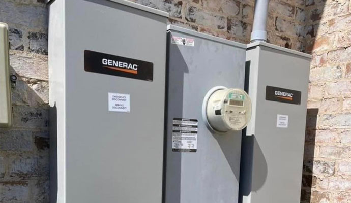 Electrical panels and meter mounted on a stone wall