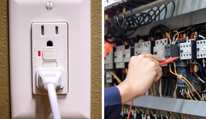 Collage of GFCI switch and rewiring