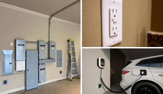 Collage of gfci switches, ev chargers, and electrical panel