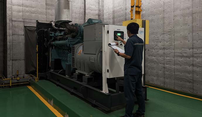 Technician operating industrial generator